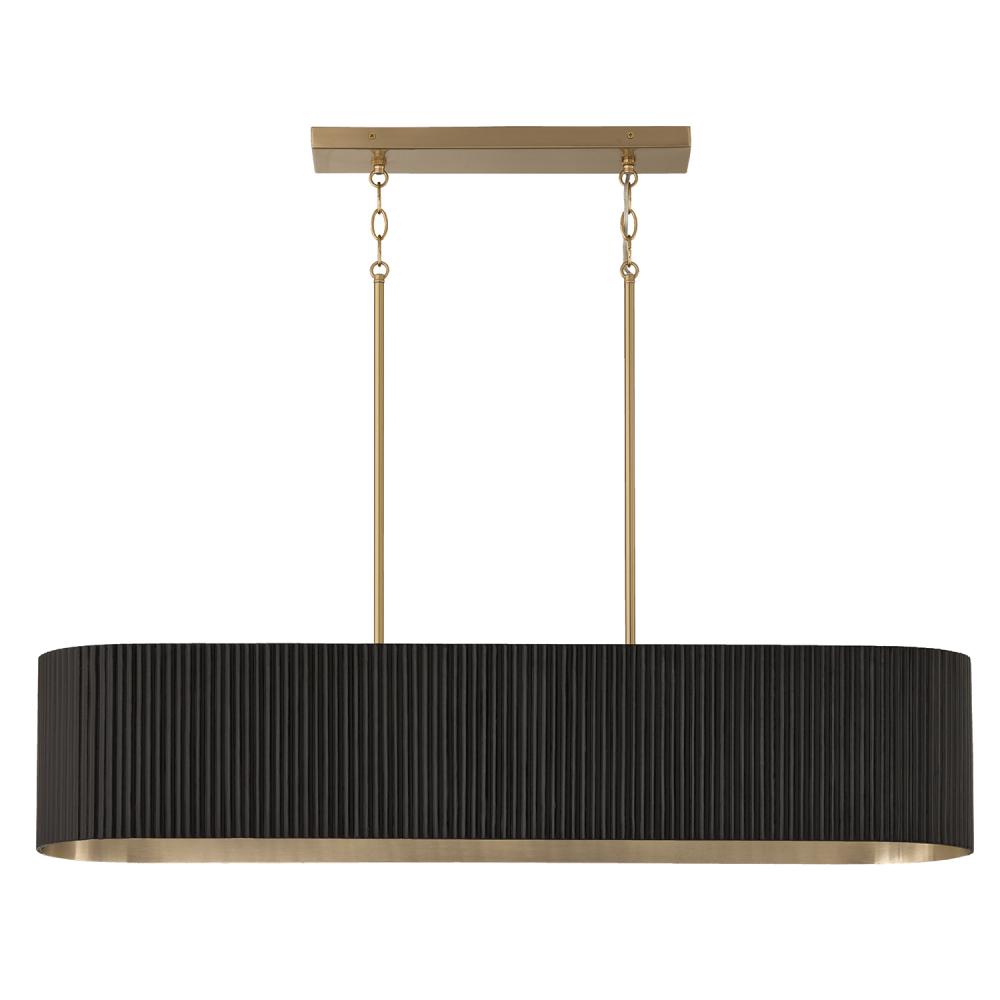 5-Light Linear Chandelier in in Matte Brass and Handcrafted Fluted Mango Wood in Black Stain