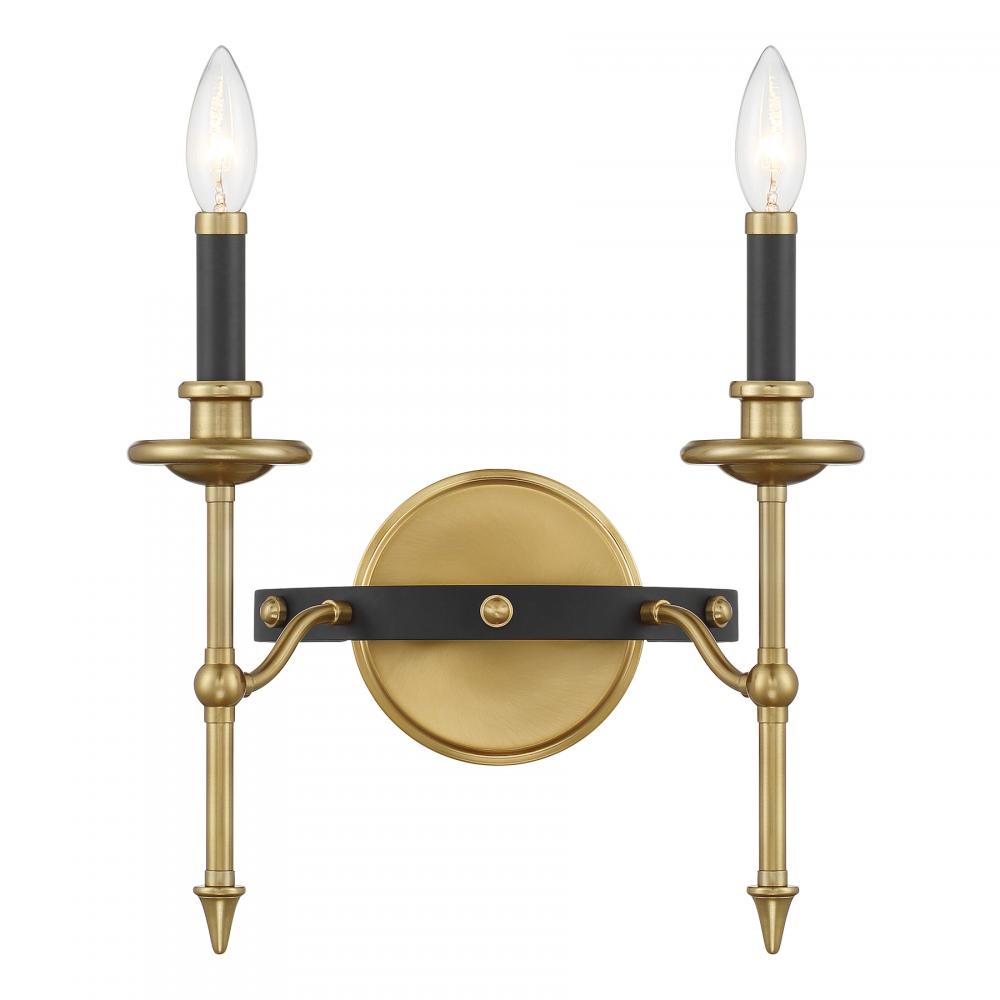 Consulate 2-Light Wall Sconce in Matte Black and Warm Brass